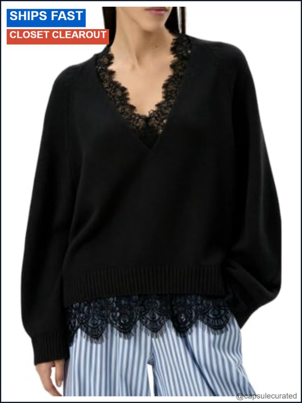Lace V-Neck Ribbed Knit Pullover Sweater Lightweight Crochet Top